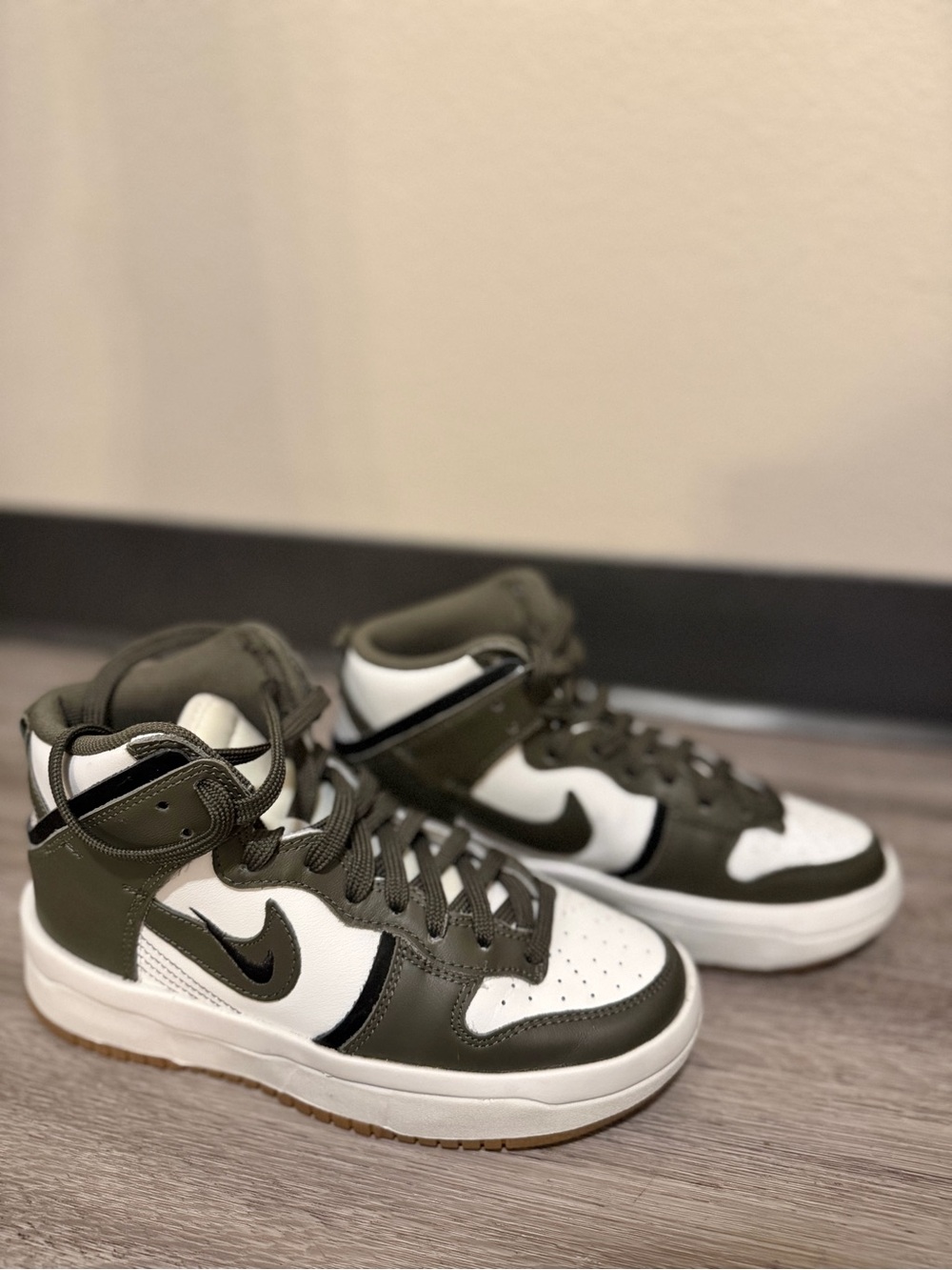 Nike Kids High-Top Sneakers in Olive Green and White